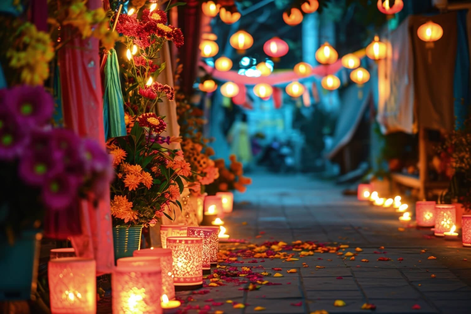 A grand themed wedding setup at Rainyresort with floral arrangements and ambient lighting.